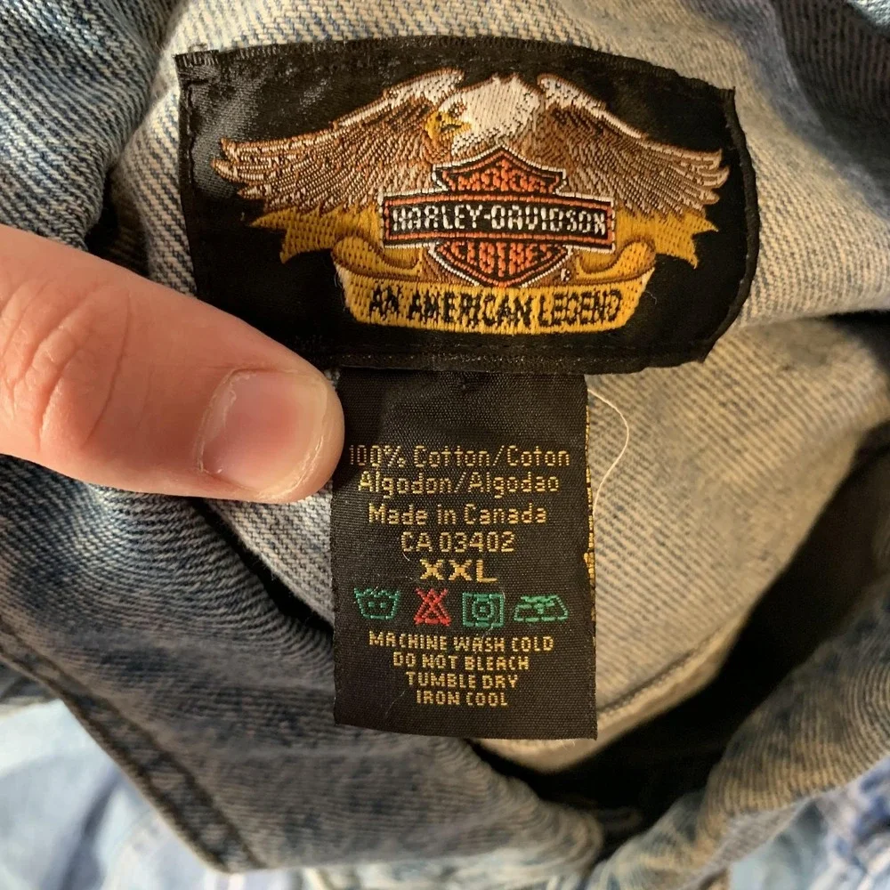 Vintage Harley Davidson Jacket Mens 2XL Blue Denim Eagle Racing Patch Motorcycle